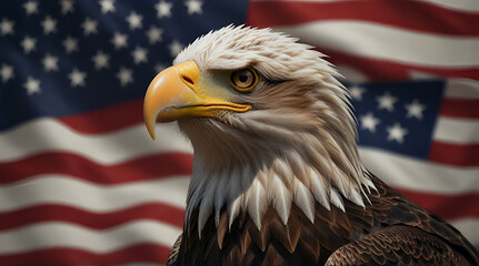 Digital composite: American bald eagle and flag is underlaid with the handwriting of the US Constitution. Genrative.ai 
