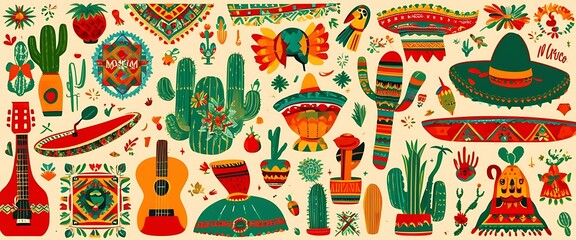 Naklejka premium Mexican Heritage: Ornate Vector Pattern Collection with Traditional Symbols and Decorative Elements 