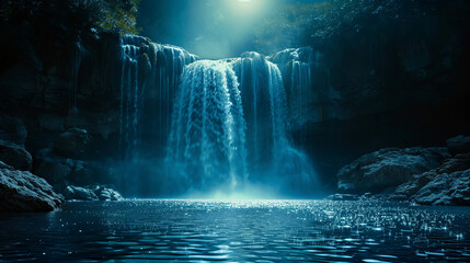 A waterfall is shown in the dark of night