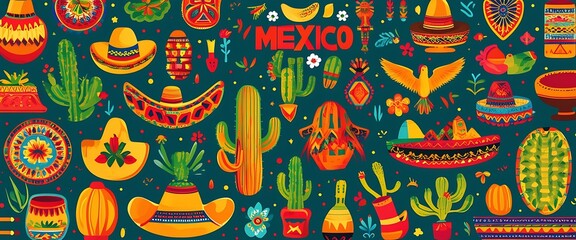 Obraz premium Mexican Heritage: Ornate Vector Pattern Collection with Traditional Symbols and Decorative Elements 