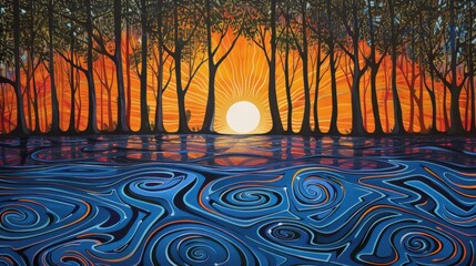 Abstract painting of trees in the winter sunset