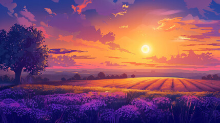 Fototapeta premium Stunning sunset panorama over vibrant summer fields