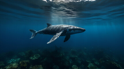 humpback whale swims under the surface of the water, Generative AI
