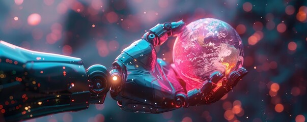 Robot holding a holographic planet Earth, neon wireframe, volumetric light, detailed quantum energy fields
