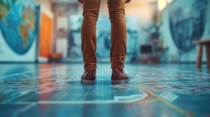 travel concept, man standing on map in office, leg reflection fashion low section city life
