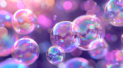 iridescent transparent soap bubbles on a dark purple background 