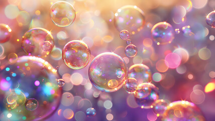 iridescent transparent soap bubbles on a dark purple background with copy space