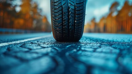 travel concept, tire on road, sports race blurred motion wet autumn