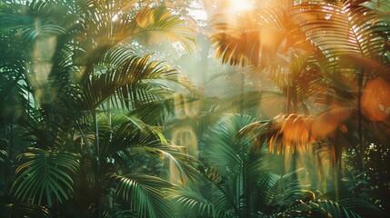 Jungle double exposure, tropical jungle with sun rays, sunlight branch yellow backdrop vibrant color