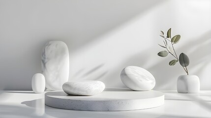 Fototapeta na wymiar A white marble table adorned with plants and stones