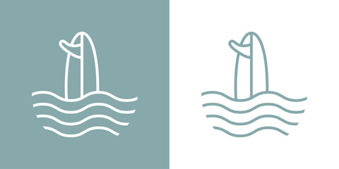 Logo club de surf. Silueta de tabla de surf lineal con olas de mar	 - obrazy, fototapety, plakaty