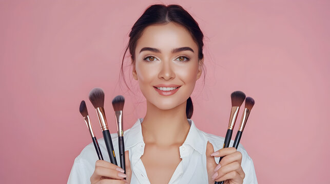young girl makeup artist in a white shirt with makeup brushes in her hand close-up on a pink background with copy space, , fashion, model, beauty,