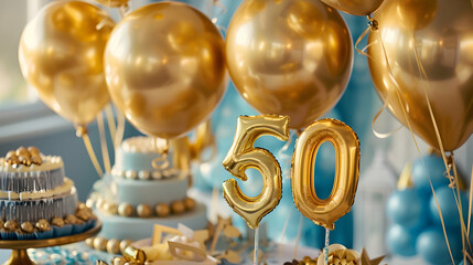 number fifty made of golden balloons closeup with copy space
