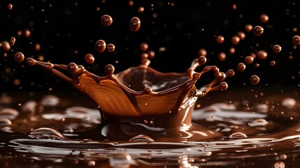 a series of small chocolate splashes, progressively larger towards the center, against a matte black background.