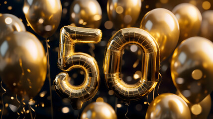 number fifty made of golden balloons closeup with copy space