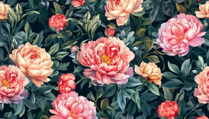 Seamless pattern with blooming pink and coral peonies