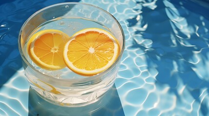 A glass of water with fresh orange slices by the pool, symbolizing relaxation and refreshment on a sunny day