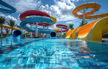 water park with colorful waterslides, Water slide with children pool, summer fun activity, vacation leisure concept, vacation spot for families - obrazy, fototapety, plakaty