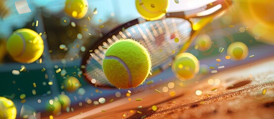 A closeup of tennis balls and a racket flying in the air on a blurred background