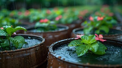 Harvesting rainwater in barrels for sustainable water conservation. Concept Rainwater Harvesting, Water Conservation, Sustainable Living, Environmental Impact