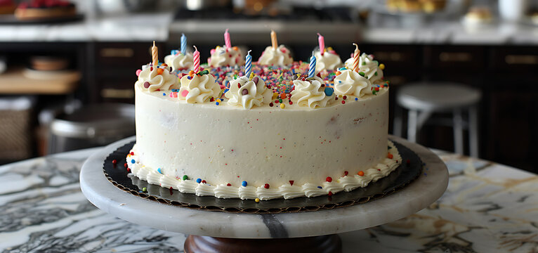 Birthday cake with colorful sprinkles and twenty-one colorful candles