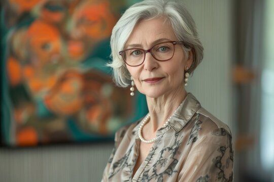 Image features a calm elderly woman with glasses and pearl earrings, standing against a blurred backdrop of vibrant abstract artwork - Powered by Adobe