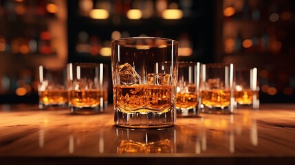 A Luxurious Lineup of Whiskey Glasses on a Bar Counter Illuminated in Warm Light