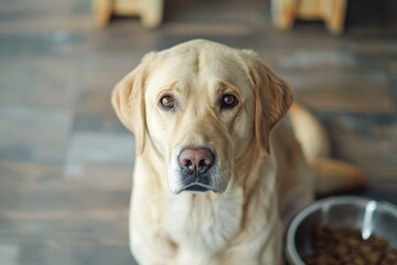 dog looking at camera near bowl of dog food, beloved pets, labrador retriever