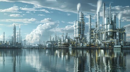 Obraz premium A futuristic city skyline is partially obscured by a massive industrial complex home to the largest biofuel production facility in the world. Inside advanced genetic engineering techniques .