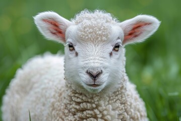 Obraz premium An adorable baby lamb looks at the camera with innocence in its eyes, set against a soft green background