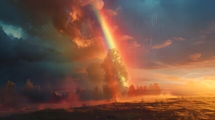 Cloudscape with blue sky and white clouds rainbow, Rainbow over the flowering meadow, ai generated 