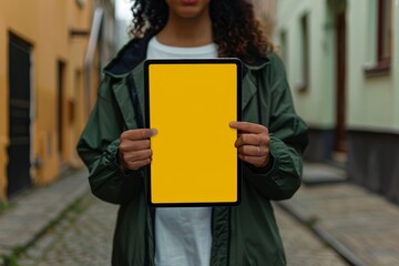 Display mockup woman in her 40s holding a tablet with a fully yellow screen