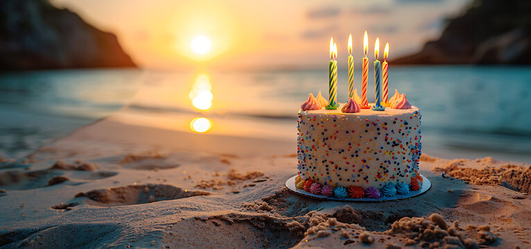 A birthday cake with colorful fish and twenty-one colorful candles on the beach