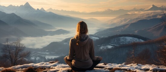 Woman meditating on the top of a mountain in the morning light