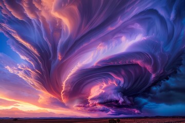 A breathtaking natural spectacle presenting lenticular clouds at sunset in vivid colors and...