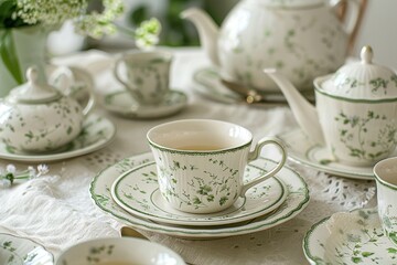 Obraz na płótnie Canvas A quaint tea set adorned with delicate green floral designs, inviting a touch of vintage elegance to afternoon gatherings.