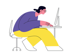 Vector illustration of an woman working at computer. Deep concentration and focus girl on the job task. Image is perfect for projects related to the work environment, concentration, and productivity