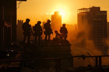 Golden hour light casting silhouettes of squad members on a roof with cityscape - obrazy, fototapety, plakaty