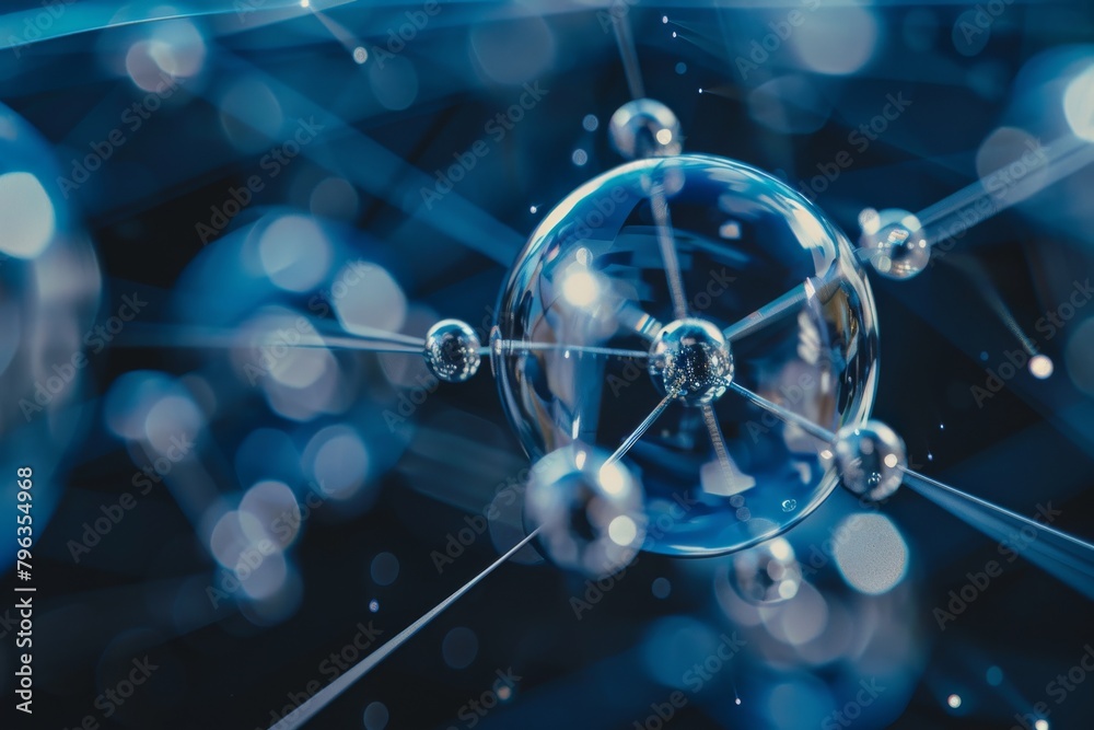 Poster an abstract representation of a molecule, with blue and white color palette symbolizing technologica