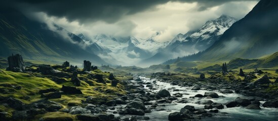 Fantasy landscape with a mountain river in the foreground, - Powered by Adobe