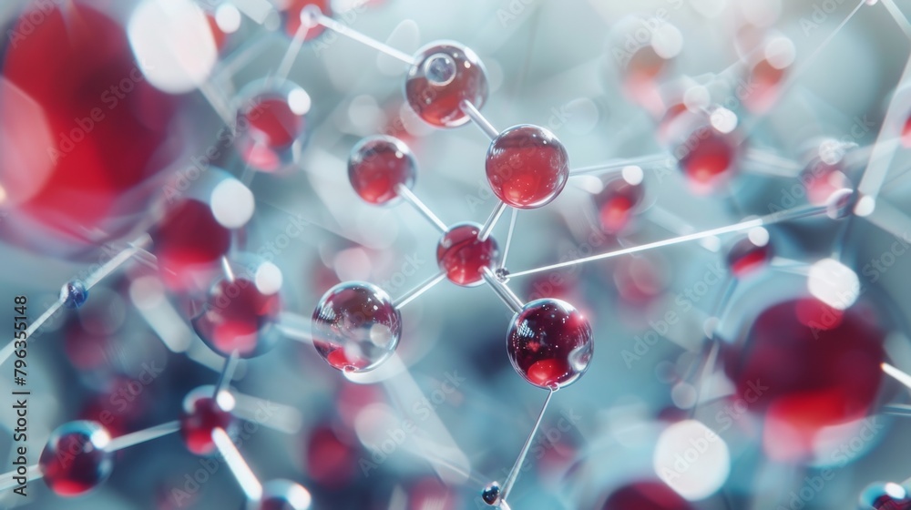 Aufkleber This image features a 3D rendering of a complex molecular structure with interconnected spheres and rods