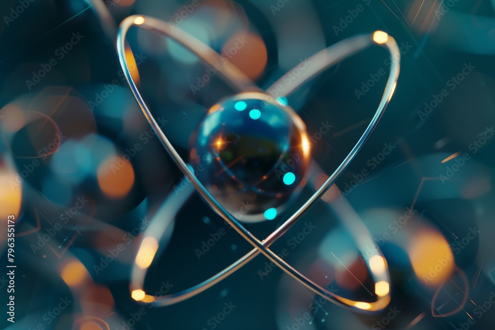 Poster Creative depiction of an atom with a central large blue sphere orbited by electrons illustrating scientific concepts and atomic structure