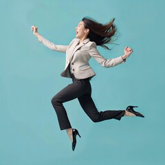 asian businesswoman jumping on blue background