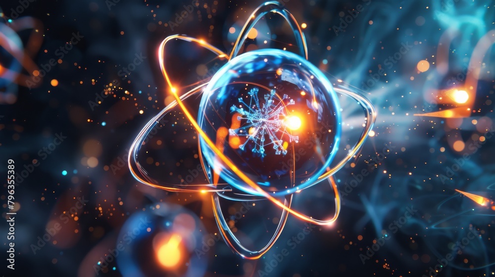 Leinwandbilder An image of a glowing atom-like structure with particles and bright light effects symbolizing atomic energy
