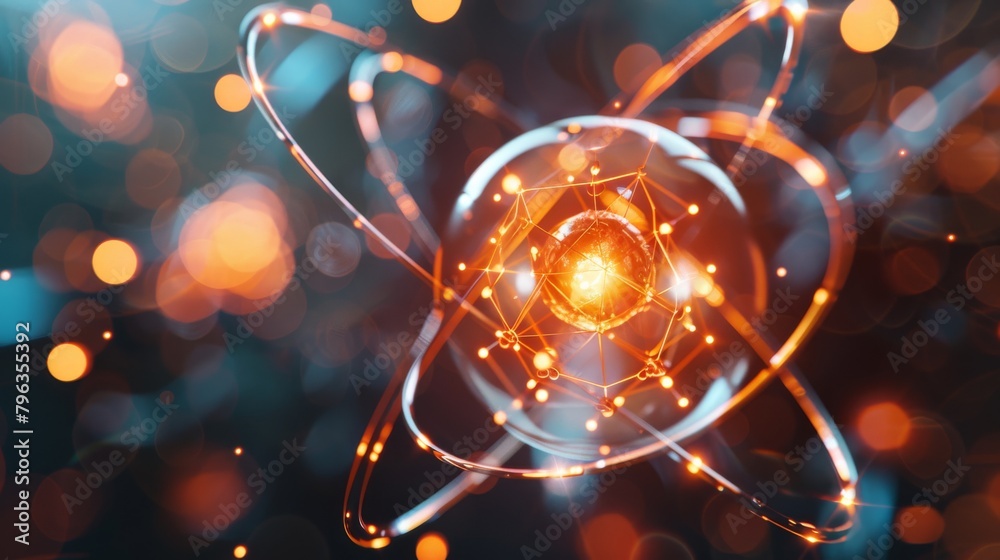 Fototapete Dynamic image portraying a glowing atomic model with motion effect, representing concepts of energy and physics
