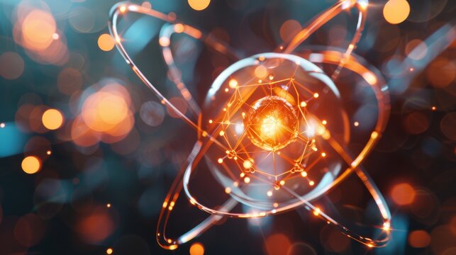 Dynamic image portraying a glowing atomic model with motion effect, representing concepts of energy and physics - Powered by Adobe