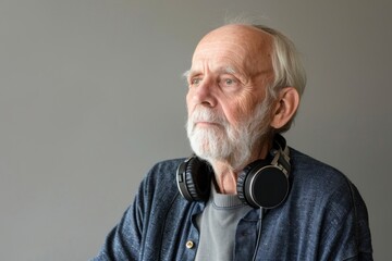 Senior man engrossed in music, wearing headphones, depicting leisure and the joy of sound