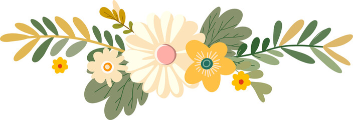 A bouquet of cute cartoon flat elements (buds, leaves) in vintage colors on a white background.For banners, posters, cards, labels, stickers, advertising. Spring digital illustration.
