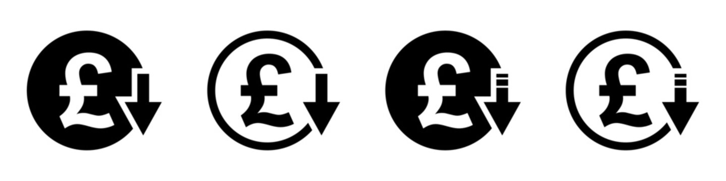 Pound reduction symbol, cost decrease icon. Reduce debt business sign vector illustrations set