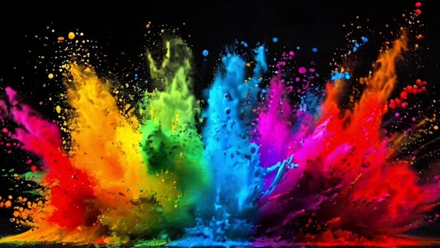 Colorful powder explosion in vibrant spectrum of colors on black background. Holi banner